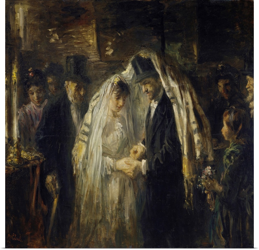 Jewish Wedding, by Jozef Israels, 1903, Dutch painting, oil on canvas. The bride and groom are under the prayer shawl, as ...