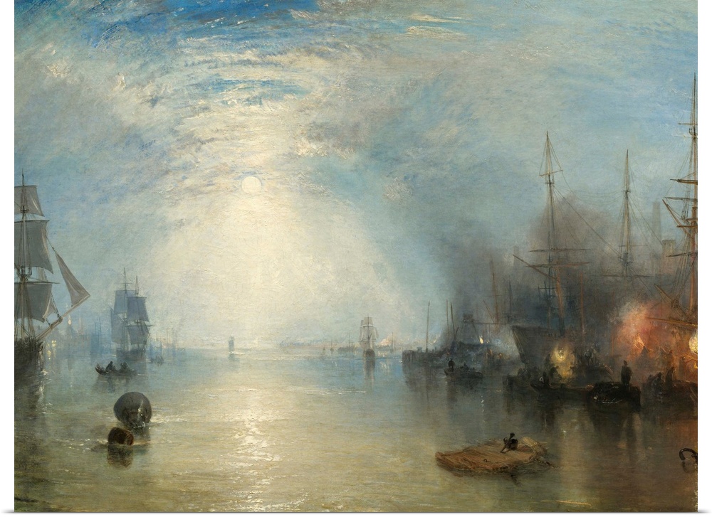 Keelmen Heaving in Coals by Moonlight, by Joseph Turner, 1835, English painting, oil on canvas. Workers are loading coal o...