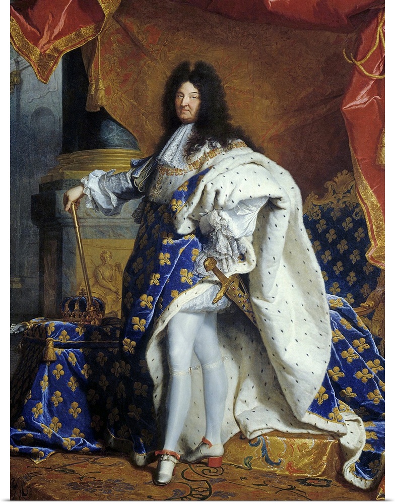 Hyacinthe Rigaud, French School. Full length Portrait of King Louis XIV of France in Coronation Robe. 1701. Oil on canvas,...