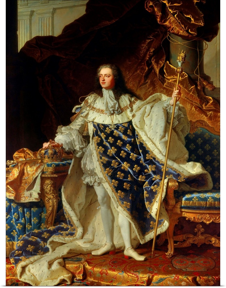 Hyacinthe Rigaud, French School. Full length Portrait of King Louis XV of France in Coronation Robe. 1730. Oil on canvas, ...