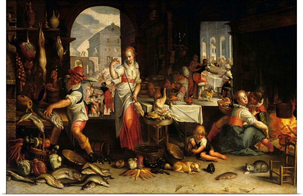 Joachim Wtewael (1566-1638), Dutch School. Kitchen Scene with the Parable of the Feast. Originally oil on canvas.