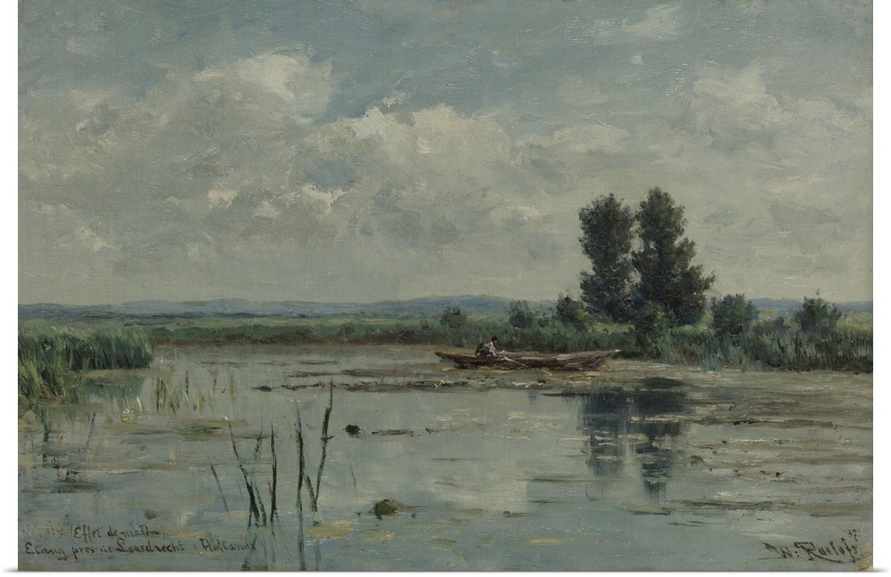 Lake near Loosdrecht, by Willem Roelofs 1st, 1887, Dutch painting, oil on canvas. Morning light landscape with sky reflect...