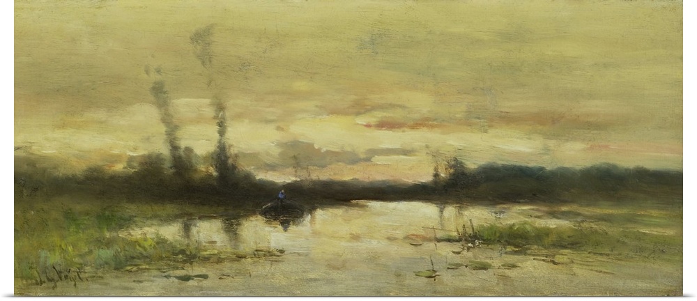 Landscape at Hilversum, by Johannes Gijsbert Vogel, 1880-1915, Dutch painting, oil on canvas. Marsh with a boat near sunse...