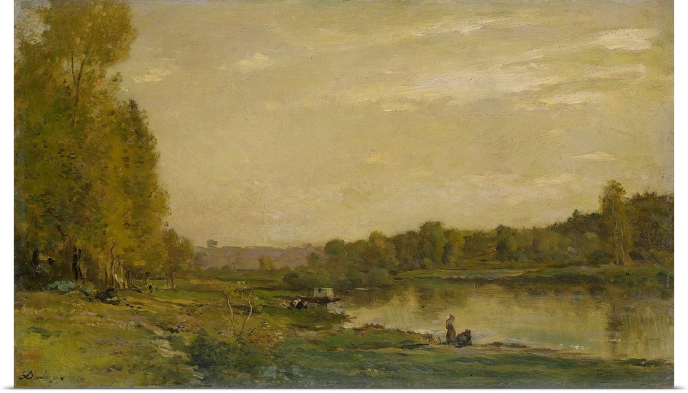 Landscape on the Oise, by Charles Francois Daubigny, 1872 , French painting, oil on panel, There are small figures on the ...