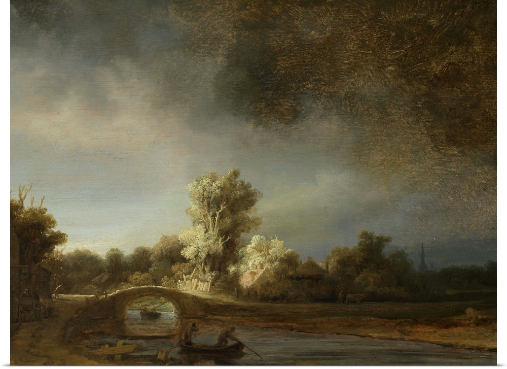 Landscape with a Stone Bridge, by Rembrandt van Rijn, 1638, Dutch painting, oil on panel. This is probably an imaginary st...