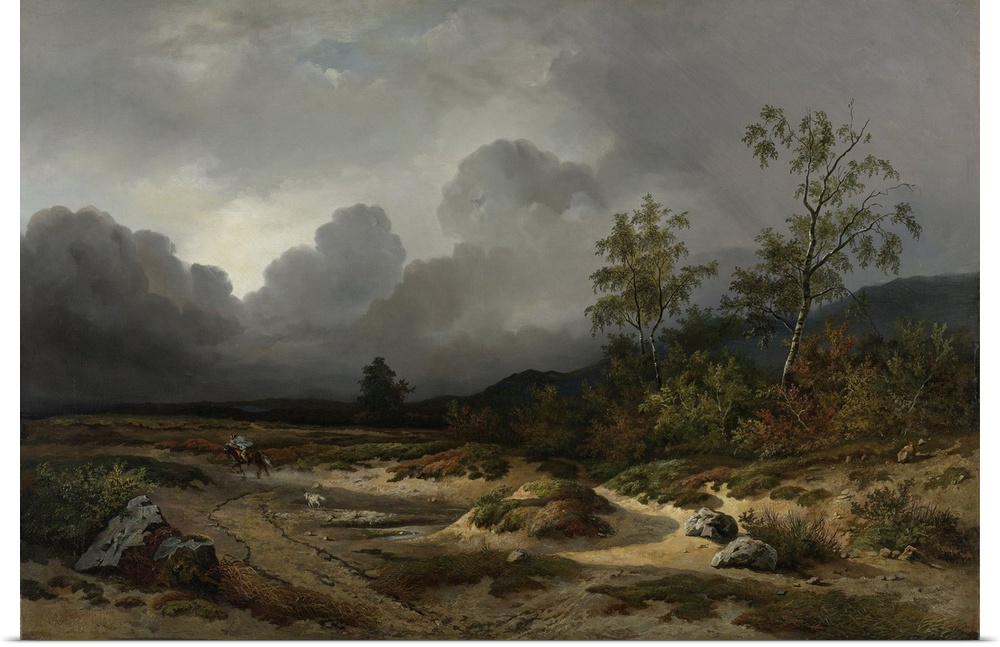 Landscape with a Thunderstorm Brewing, by Willem Roelofs 1st, 1850, Dutch painting, oil on canvas. A horseman endures wind...