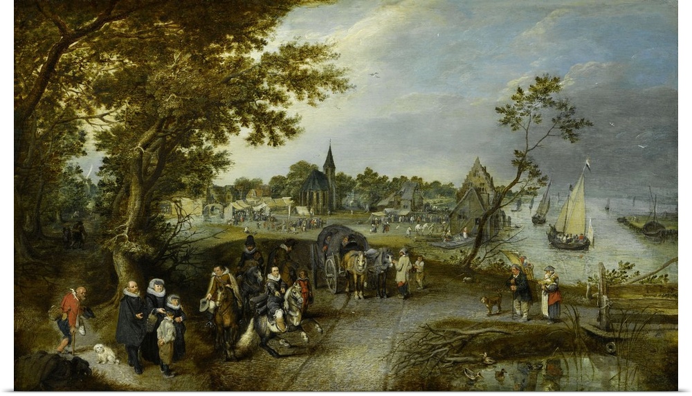 Landscape with Figures and a Village Fair, by Adriaen van de Venne, 1615, Dutch oil painting. In the foreground are a begg...