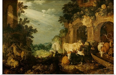 Landscape with Ruins, Cattle and Deer, by Roelant Savery, 1614-20