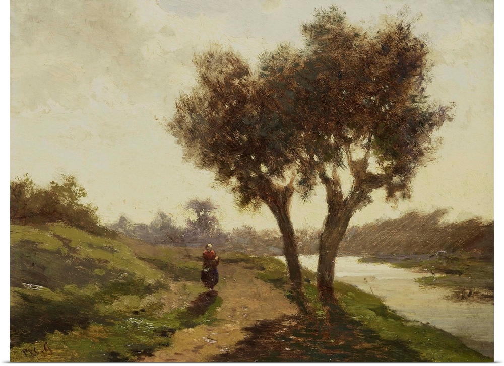 Landscape with Two Trees, by Paul Joseph Constantin Gabriel, 1860-67 Dutch painting, oil on panel. Woman walks on a path a...
