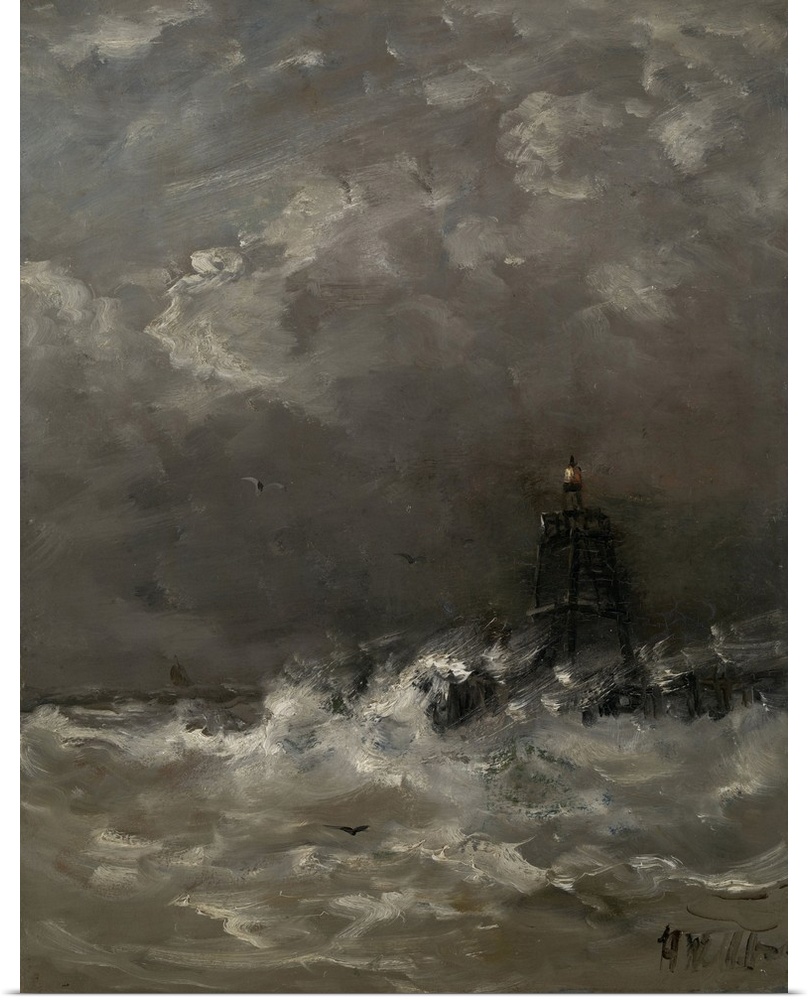 Lighthouse in Breaking Waves, by Hendrik Willem Mesdag, c. 1900-07, Dutch painting, oil on panel. The lighthouse was insta...
