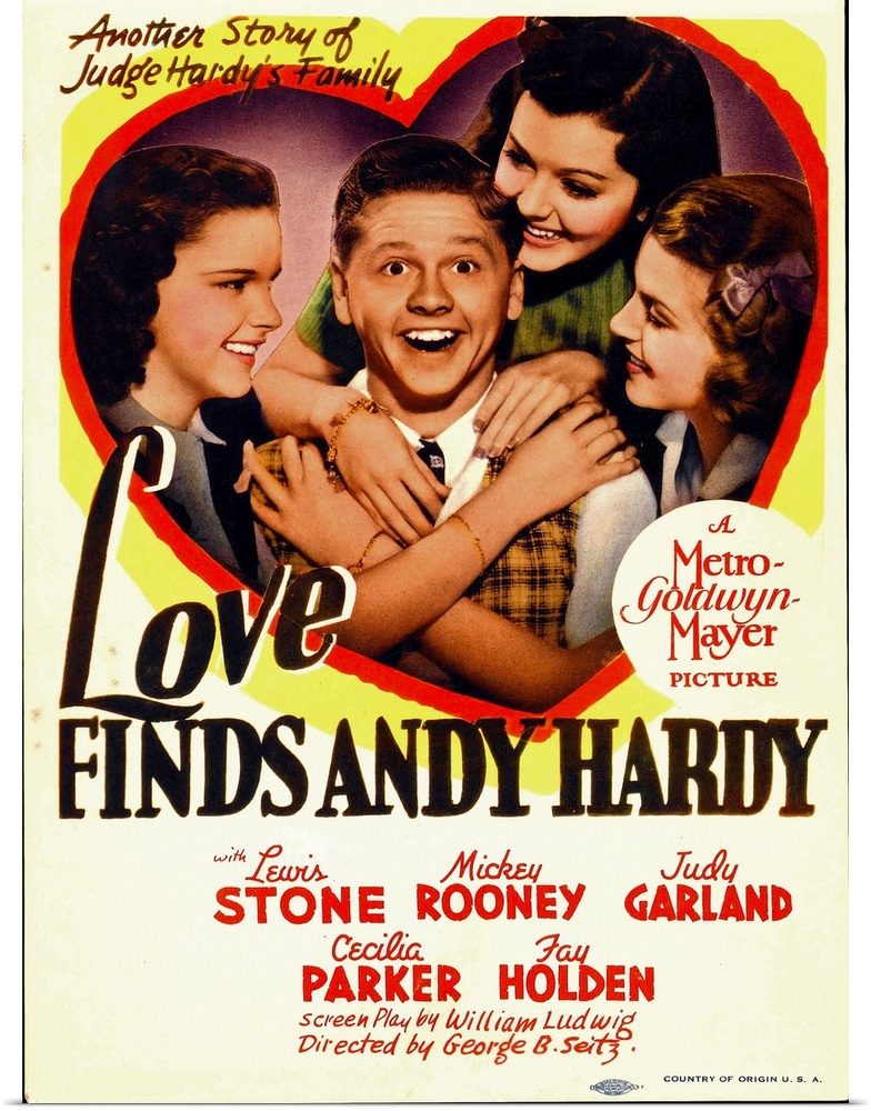 LOVE FINDS ANDY HARDY, from left: Judy Garland, Mickey Rooney, Ann Rutherford, Lana Turner on midget window card, 1938