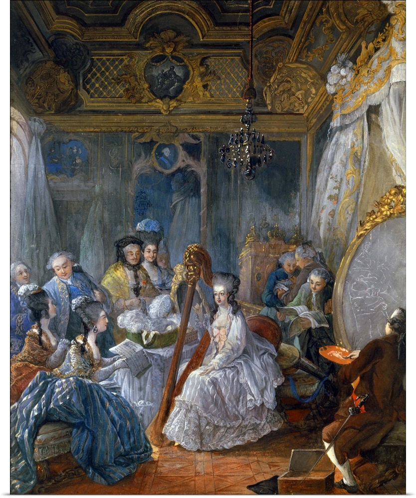 1469, Jean Baptiste Gautier d'Agoty (1740-1786), French School. Marie Antoinette (1754-1793) playing Harp in her Chamber a...