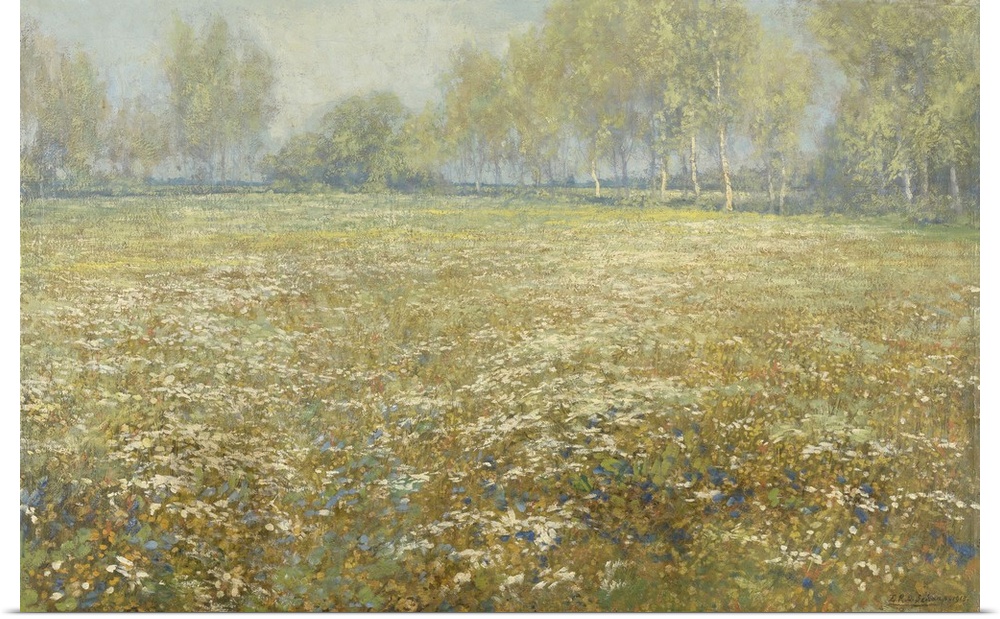 Meadow in Bloom, by Egbert Rubertus Derk Schaap, 1913, Dutch painting, oil on canvas. Flowers covered field bordered in di...