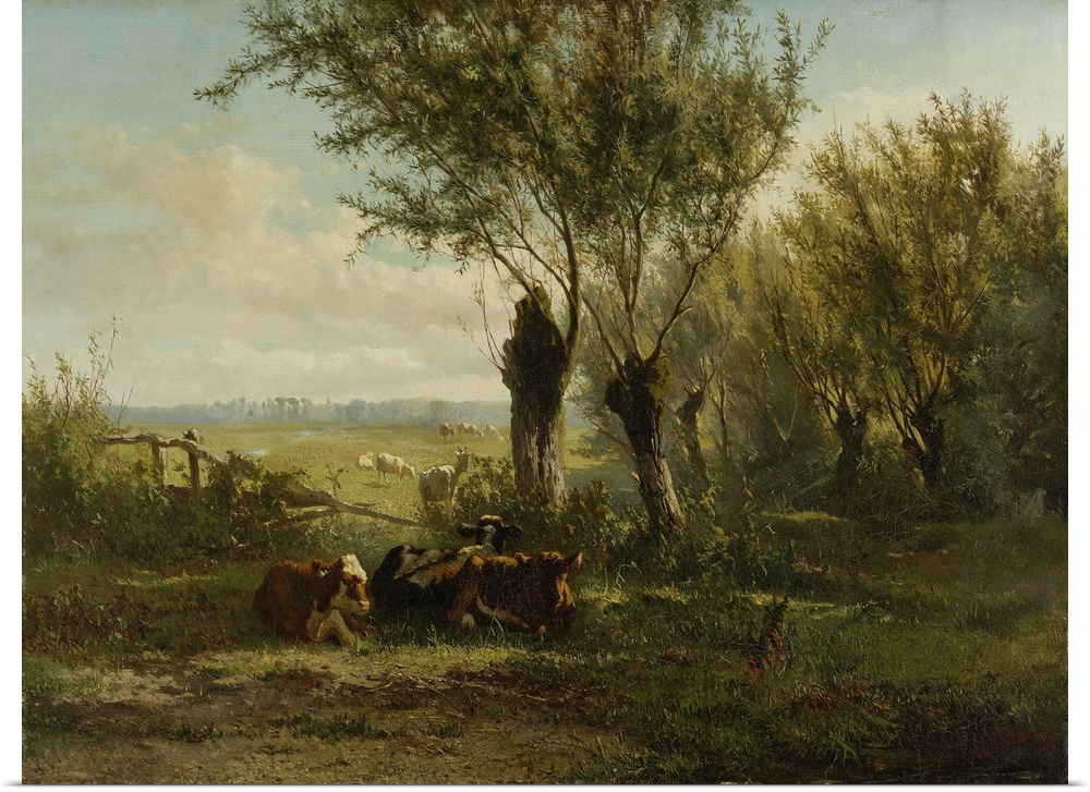 Meadow near Oosterbeek, by Gerard Bilders, 1860 Dutch painting, oil on canvas. Cow in foreground resting near pruned trees...