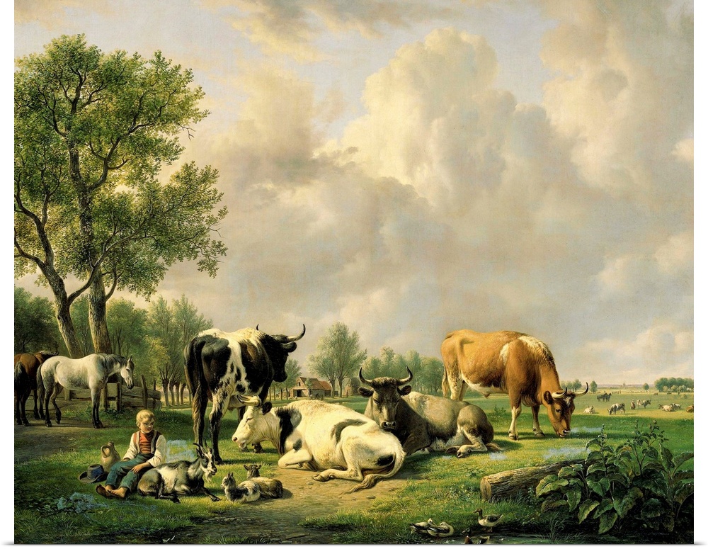 Meadow with Animals, by Jan van Ravenswaay, 1820-37, Dutch painting, oil on canvas. Pasture with cows and a boy with goats...