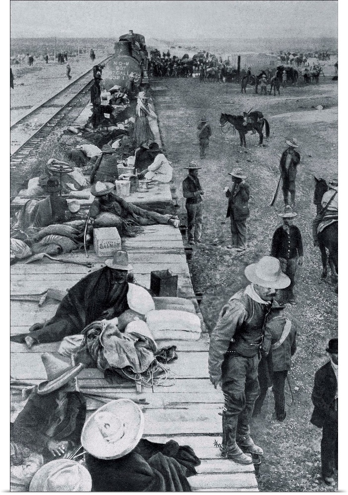 Train with wounded revolutionary fighters during Mexican revolution, 20th century. Drawing. -