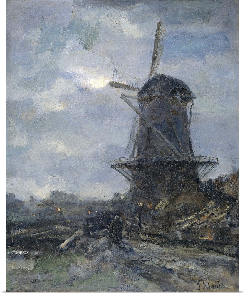 Mill at Moonlight. By Jacob Maris, c. 1899, Dutch painting, oil on canvas. Windmill in the foreground on a dirt road with ...