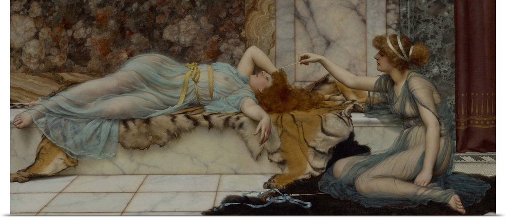 Mischief and Repose, by John William Godward, 1895, English painting, oil on canvas. Godward was a virtuoso painter of dia...