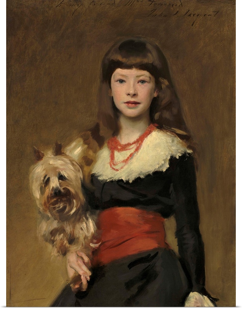 Miss Beatrice Townsend, by John Singer Sargent, 1882, American painting, oil on canvas. The girl holds her pet terrier, in...