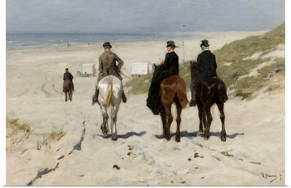 Morning Ride along the Beach, by Anton Mauve, 1876, Dutch painting, oil on canvas. Three bourgeois riders descend to the b...