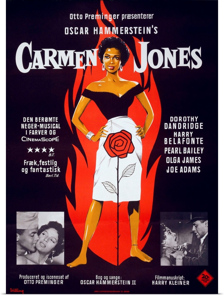 Motion picture poster for CARMEN JONES, shows Dorothy Dandridge as Carmen and Harry Belafonte in scenes from the film.
