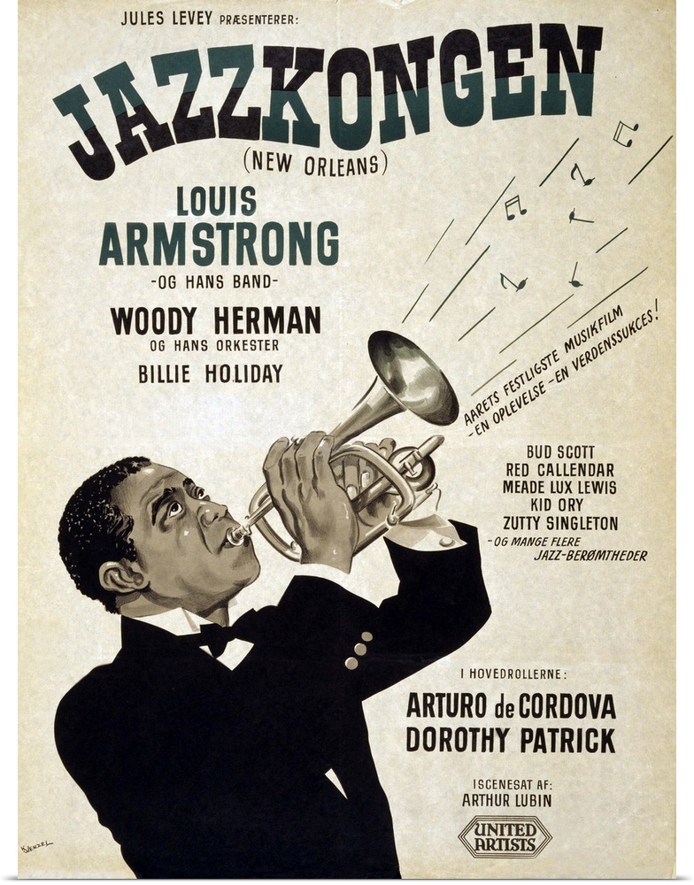 Motion picture poster for Swedish release of NEW ORLEANS (1947), showing star Louis Armstrong playing the trumpet.  Bessie...
