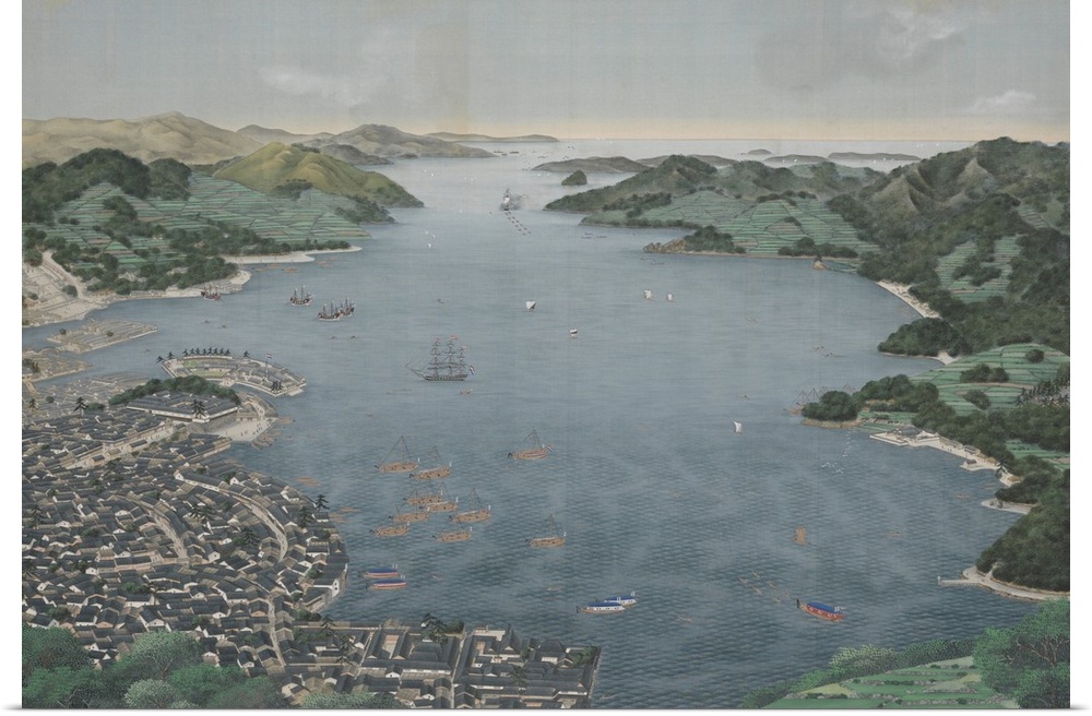 Nagasaki Harbor, by Kawahara Keiga, c. 1800-50, Japanese painting, watercolor on silk. Dutch and Chinese ships lie at anch...