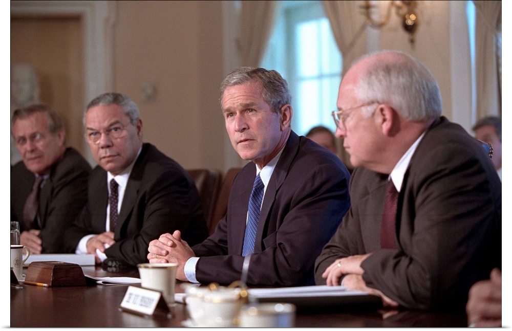 National Security Council on Sept 12, 2001, the day following the 9-11 Terrorist Attacks. L-R: Donald Rumsfeld, Secretary ...