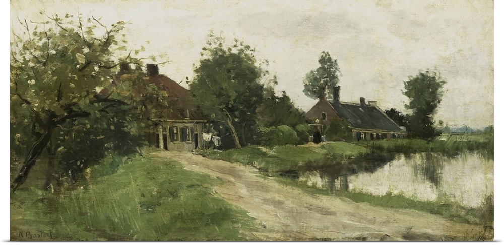 Near Breukelen on the Vecht, by Nicolaas Bastert, c. 1870-23, Dutch painting, oil on panel. Farm houses on the Vecht River...