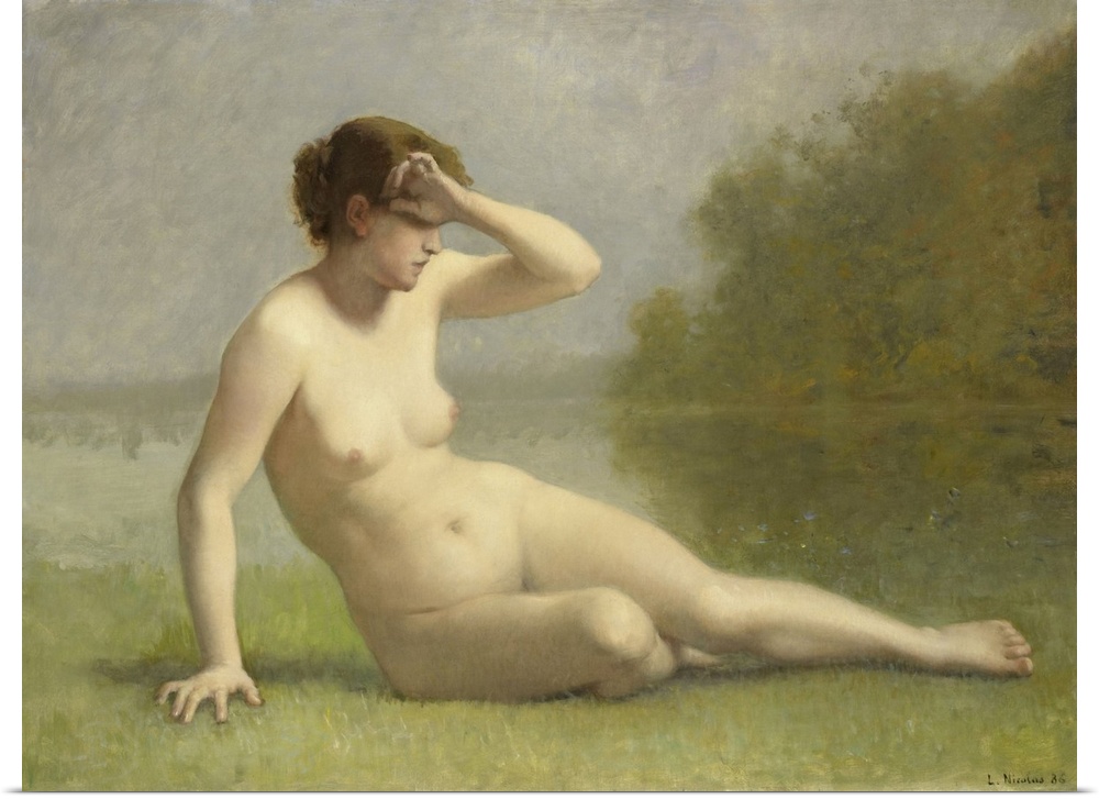 Nymph, by L. Nicolas, 1886, Dutch painting, oil on canvas. A young naked woman sitting in the grass at the water's edge.