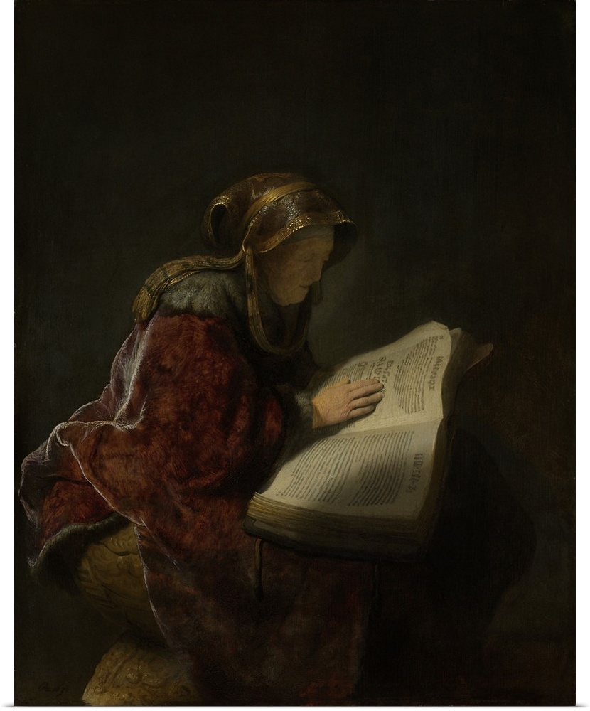 Old Woman Reading, Probably the Prophetess Hannah, by Rembrandt, 1631, Dutch painting, oil on panel. An old woman, probabl...
