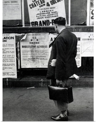 Paris, 1939, Young Man Reads Posters about Military Mobilization, World War II