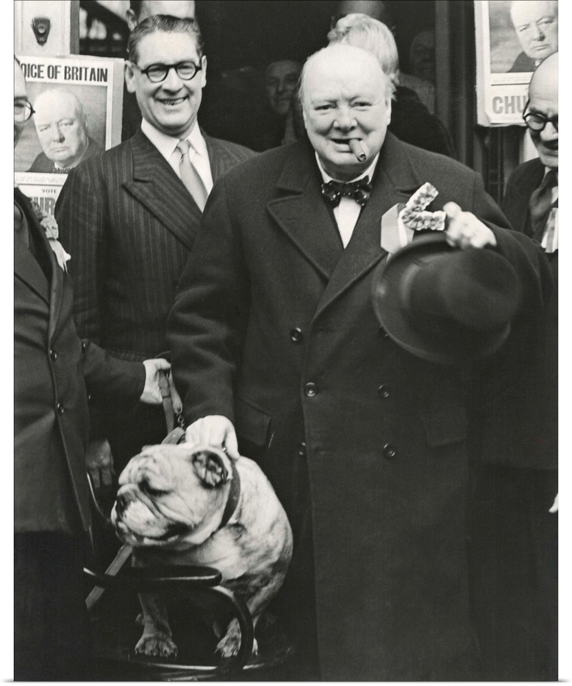 Party Leader Winston Churchill making a speech outside the Conservative Club, Wanstead, England. He poses with their masco...