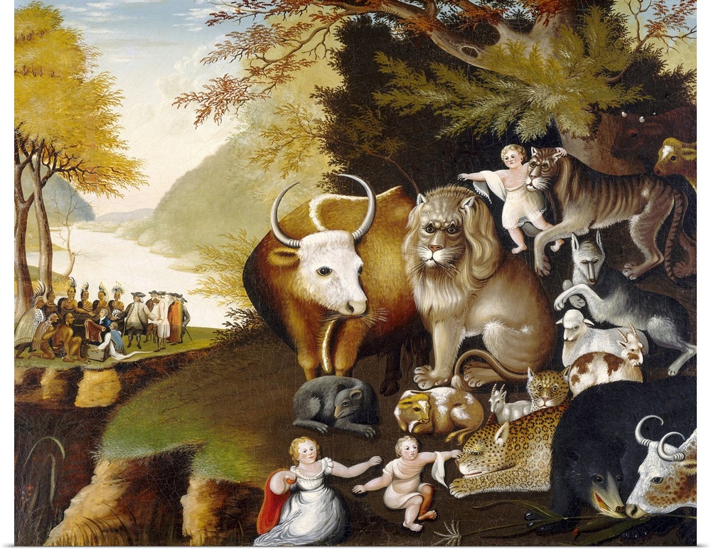 Peaceable Kingdom, by Edward Hicks, c. 1834, American painting, oil on canvas. Hicks painted 62 versions of this work, fea...