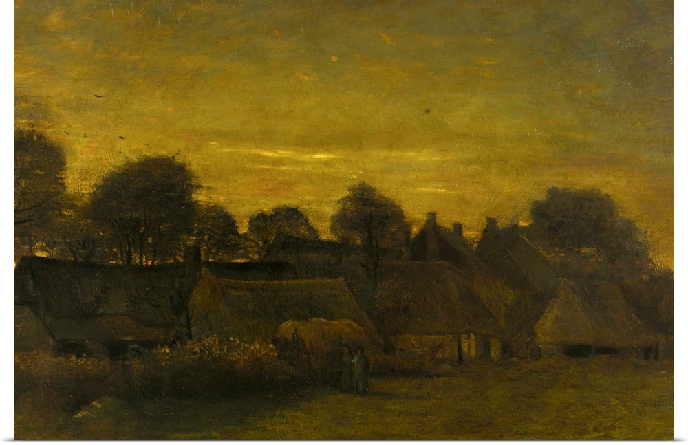 Peasant Village at Dusk, by Vincent van Gogh, 1884, Dutch painting, oil on canvas. Rural village evening light. Several lo...