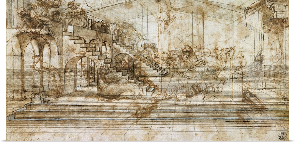 Prospective study for the Adoration of the Magi, by Leonardo da Vinci, 15th Century, 1481, pen, sepia and white paint on w...