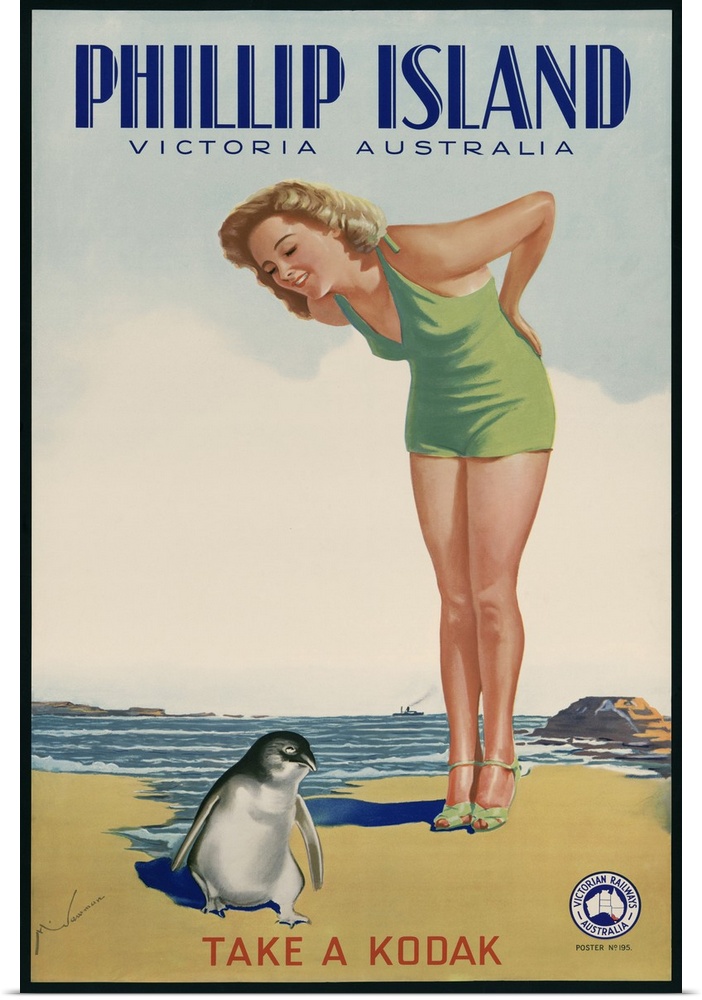 Phillip Island, Victoria, Australia. Take a Kodak. 1930s travel poster for Victorian Railways Australia of a bathing beaut...
