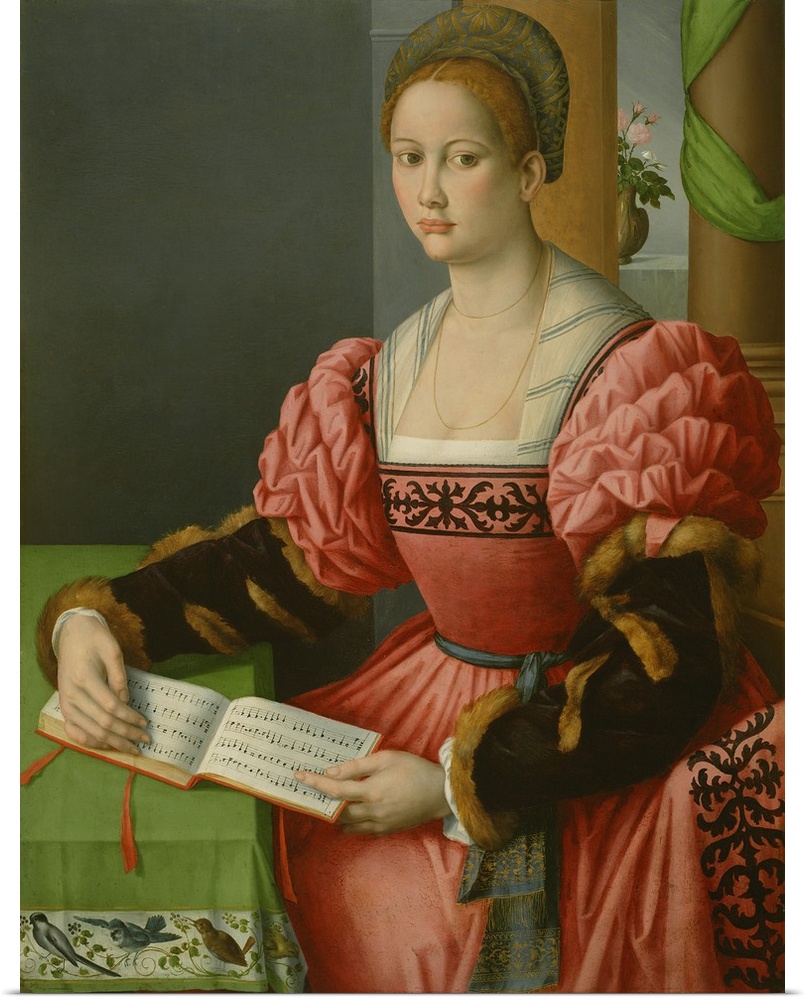 Portrait of a Woman with a Book of Music, by Bacchiacca, 1540, Italian Renaissance painting, oil on canvas. Young woman in...