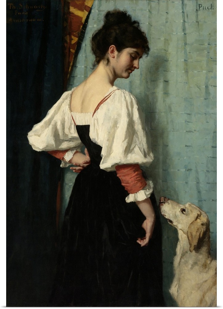 Portrait of a Young Woman, with 'Puck' the Dog, by Therese Schwartze, c. 1879-85, Dutch painting, oil on canvas. The model...
