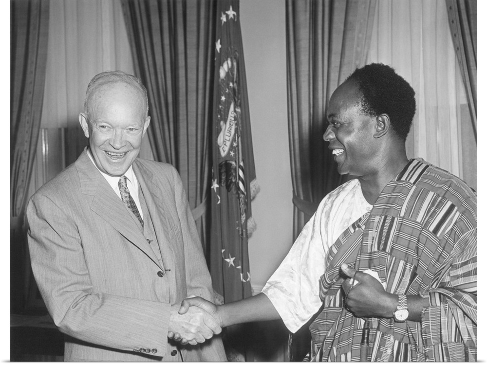 President Eisenhower with Kwame Nkrumah, President of Ghana. Nkrumah is wearing a traditional garment made of Kente Cloth....
