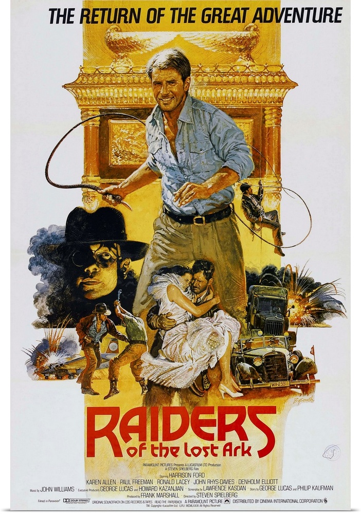 RAIDERS OF THE LOST ARK, British poster art, Harrison Ford, (center), 1981.