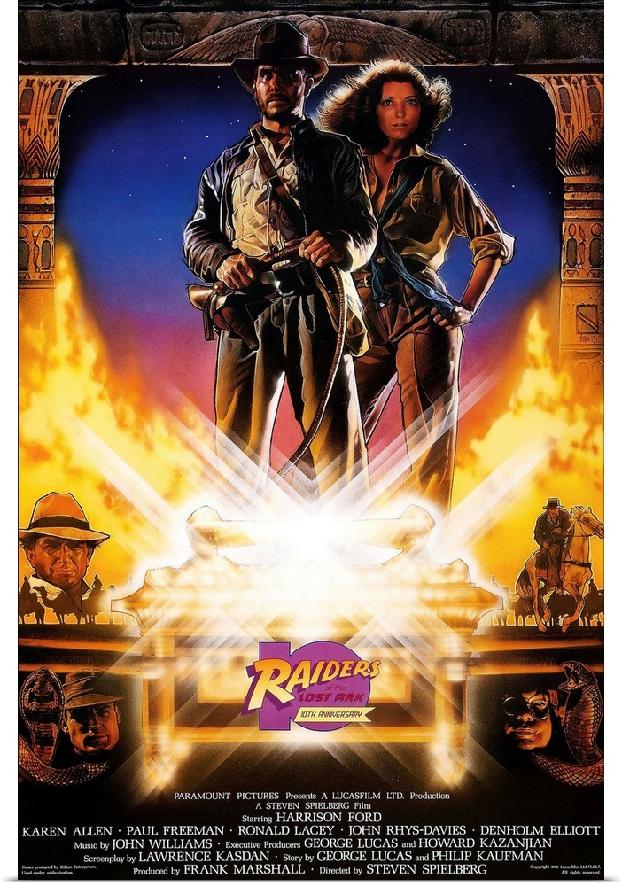 RAIDERS OF THE LOST ARK, US 10th anniversary re-issue poster, top, from left: Harrison Ford, Karen Allen, 1981.