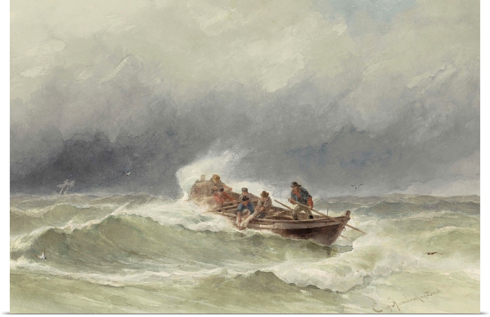 Rescue at Sea, by Jacob Eduard van Heemskerck van Beest, c. 1850-90, Dutch watercolor painting. Six man rowboat pulls a se...