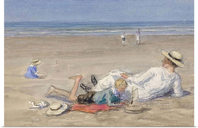 Resting Nanny with Two Children on the Beach, c. 1890-1920, watercolor