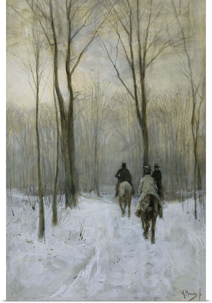 Riders in the Snow in the Haagse Bos, by Anton Mauve, 1880, Dutch watercolor painting. Three men on horseback ride on a ro...