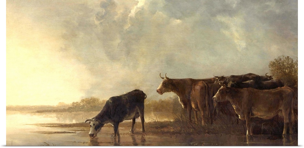 River Landscape with Cows, by Aelbert Cuyp, 1640-50, Dutch painting, oil on panel. Cows on the shore of a river in a flat ...