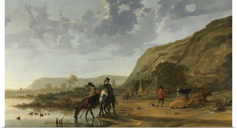 River Landscape with Riders, by Aelbert Cuyp, 1653-57, Dutch painting, oil on canvas. Dutch officers halt at the river, an...