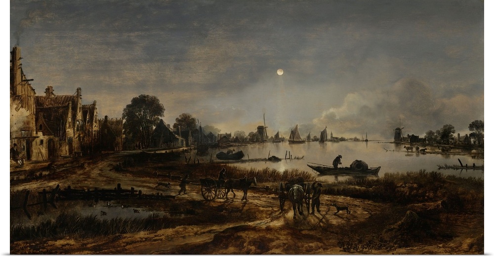 River View by Moonlight, by Aert van der Neer, 1640-50, Dutch painting, oil on panel. Moonlight is reflected in the water,...
