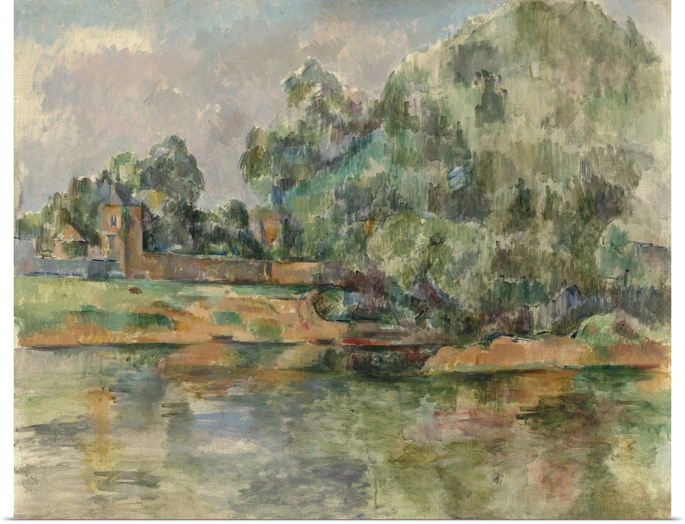 Riverbank, by Paul Cezanne, 1895, French Post-Impressionist painting, oil on canvas. The land, foliage, water, and buildin...