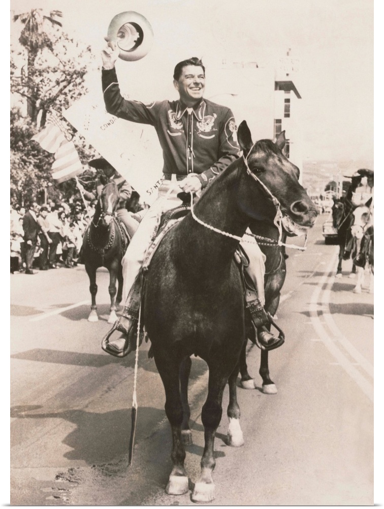 Ronald Reagan, newly elected Governor of California, riding a horse in a parade. Dec. 1966.